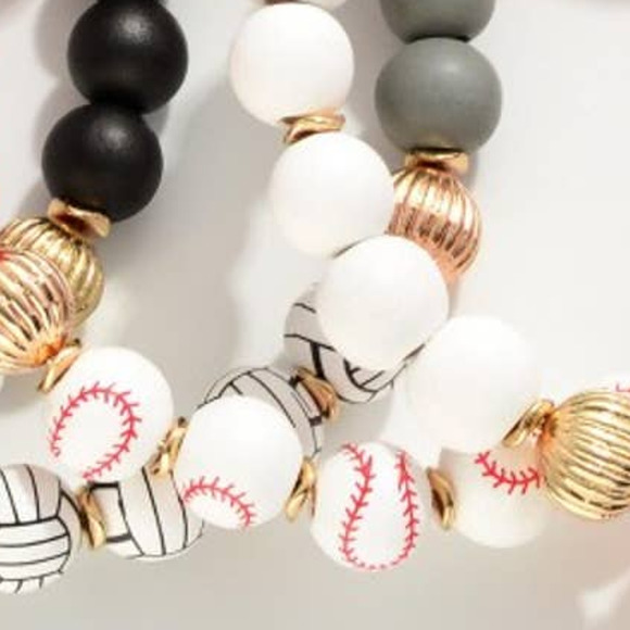 Red White Baseball Wood Beaded Bangle Key Ring Keychain - Picture 2 of 3